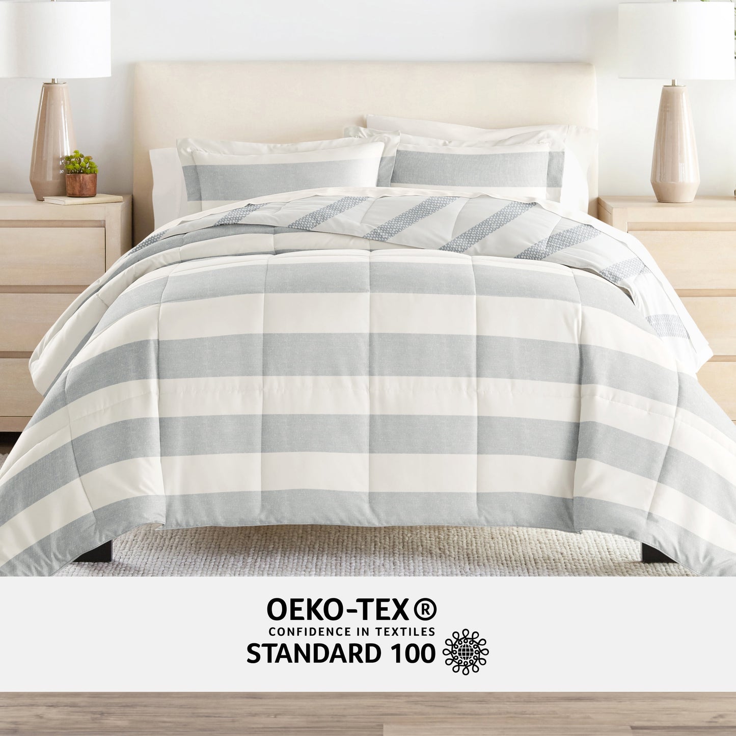  King Bedding Bundle, Patterned Microfiber Comforter and Solid Sheet Set in Distressed Stripe Light Blue