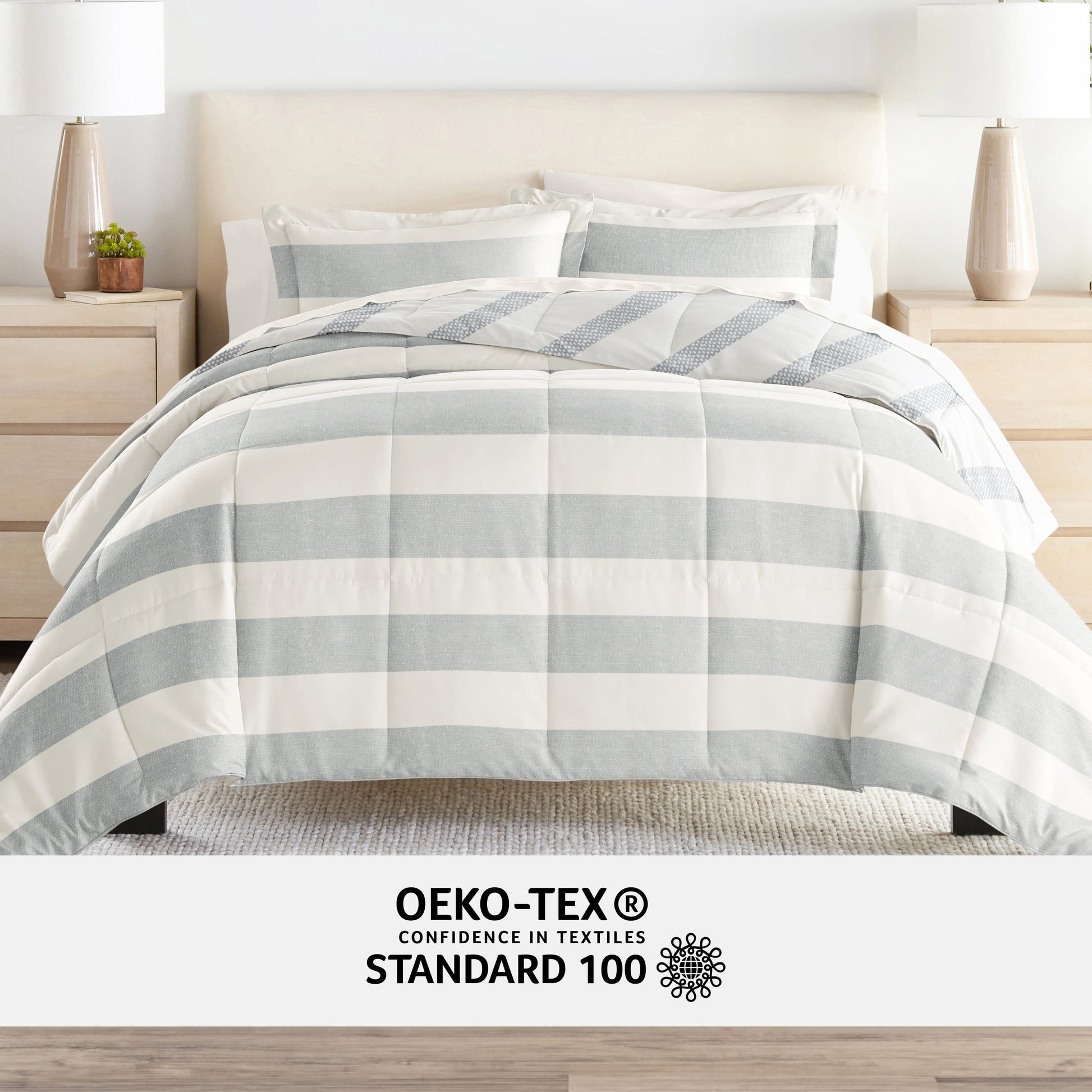  King Bedding Bundle, Patterned Microfiber Comforter and Solid Sheet Set in Distressed Stripe Light Blue