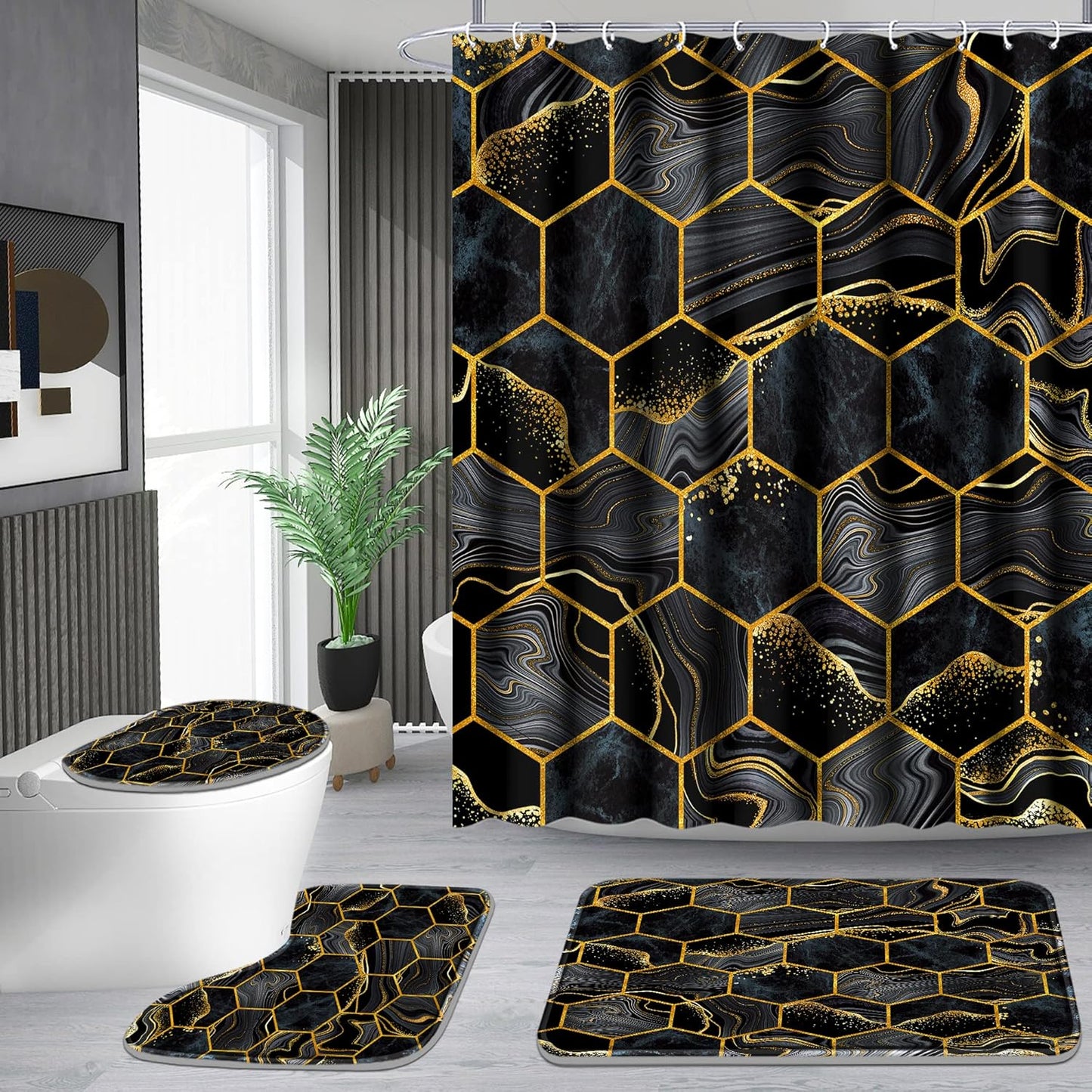 Shower Curtain Set with Rugs,Bathroom Accessory Set, Including Non-Slip Rugs,Toilet Lid Cover and Bath Mat, Waterproof Shower Curtain with 12 Hooks,Black