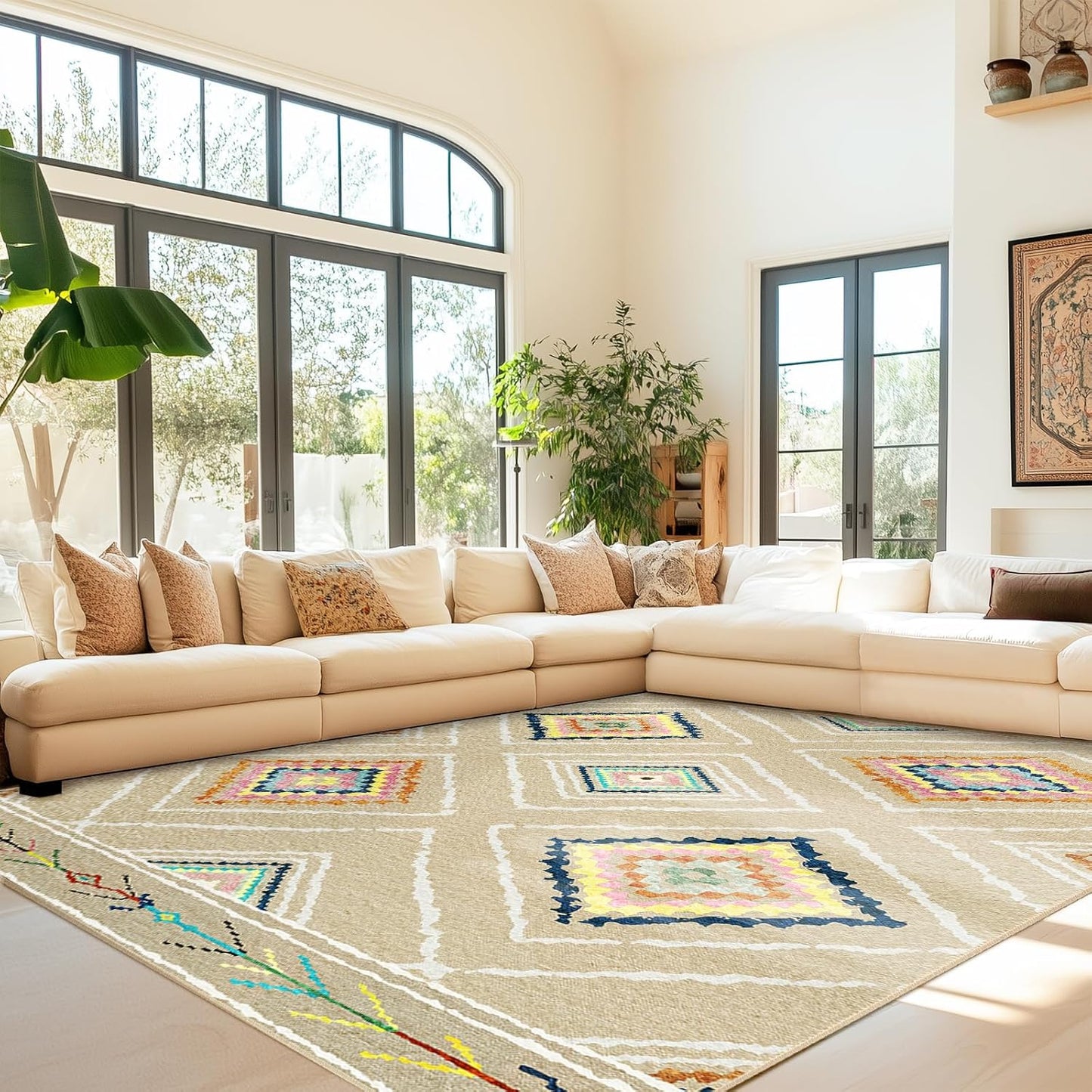 Area Rug 5X7 Rug Machine Washable Non-Slip Print Pattern Western Rug -Cream/Beige