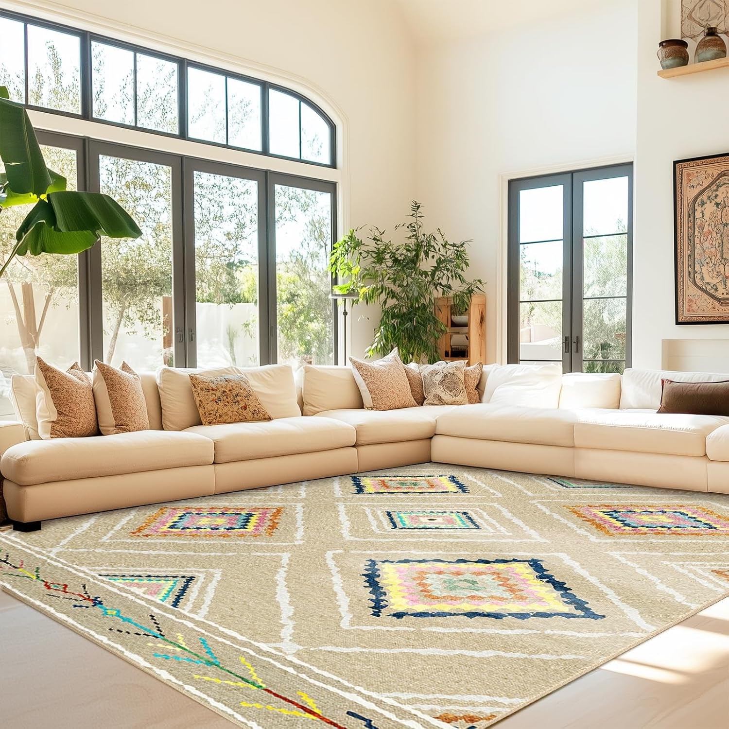 Area Rug 5X7 Rug Machine Washable Non-Slip Print Pattern Western Rug -Cream/Beige