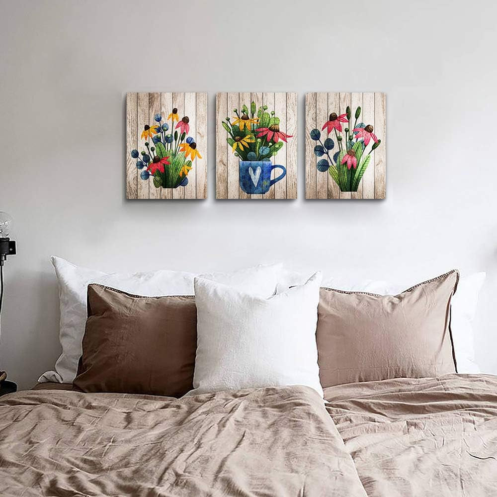 Vintage Wood Grain Plant Flowers Wall Art for Kitchen, 3 Pieces Framed Canvas