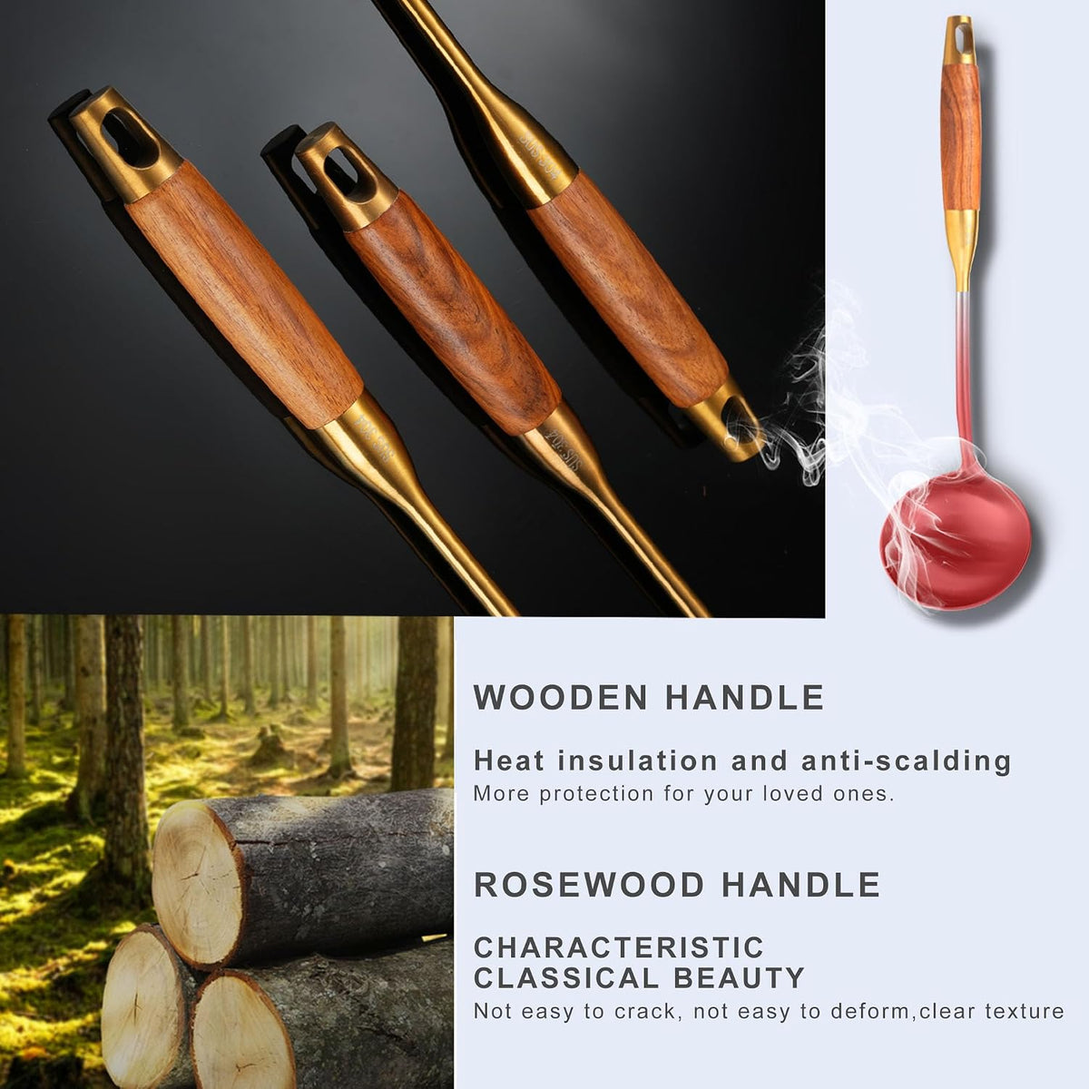 Gold Kitchen Utensils Stainless Steel with Wooden Handle 6 PCS