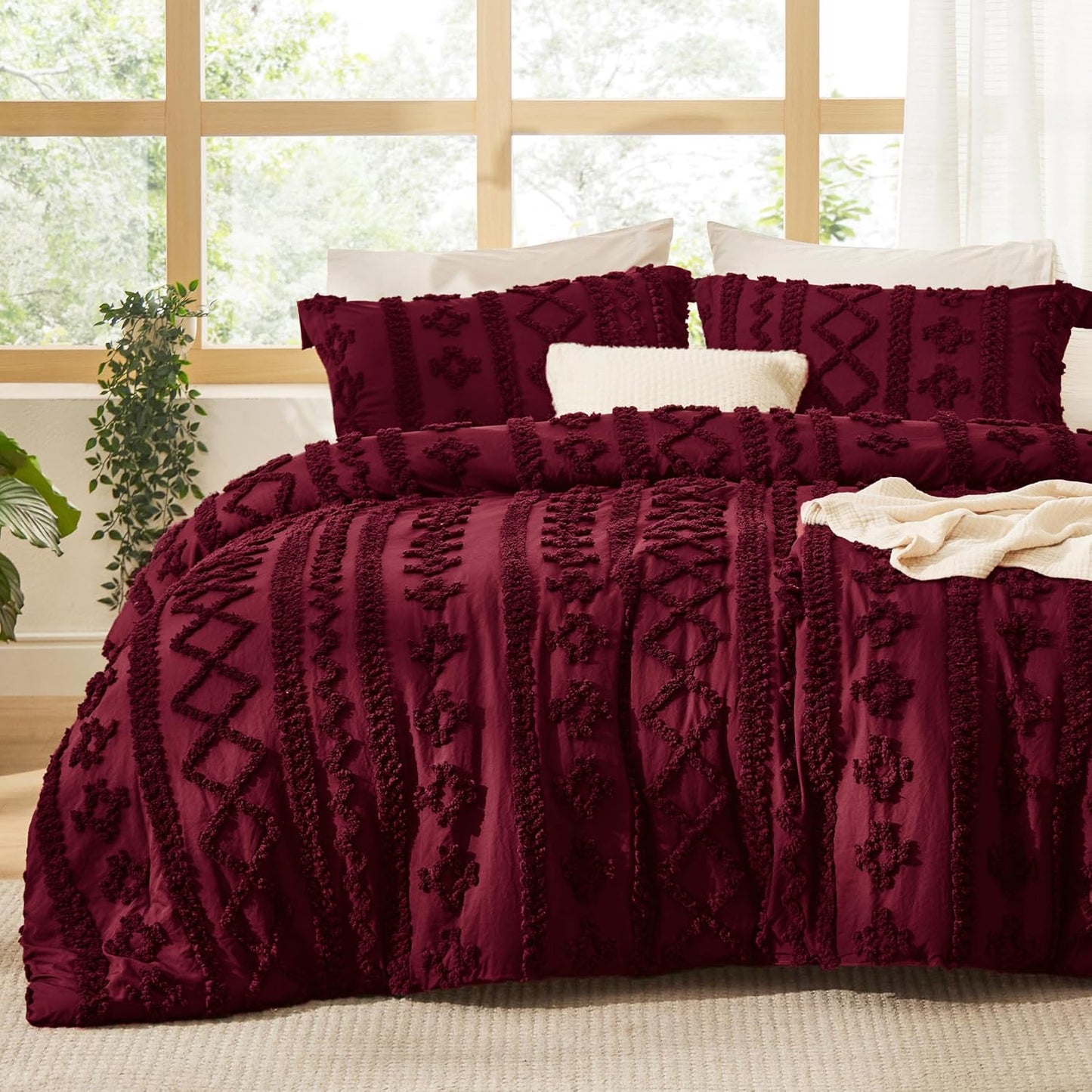 Tufted Boho Comforter Set Twin Size - Dark Red Boho Bed Set, Gentle soft™ 2 Pieces Farmhouse Shabby Chic Embroidery Bedding, Soft Jacquard Twin Comforter for All Seasons