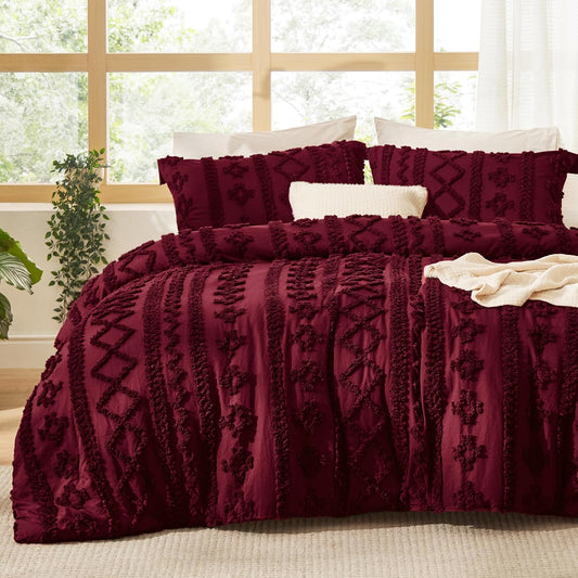Tufted Boho Comforter Set Twin Size - Dark Red Boho Bed Set, Gentle soft™ 2 Pieces Farmhouse Shabby Chic Embroidery Bedding, Soft Jacquard Twin Comforter for All Seasons