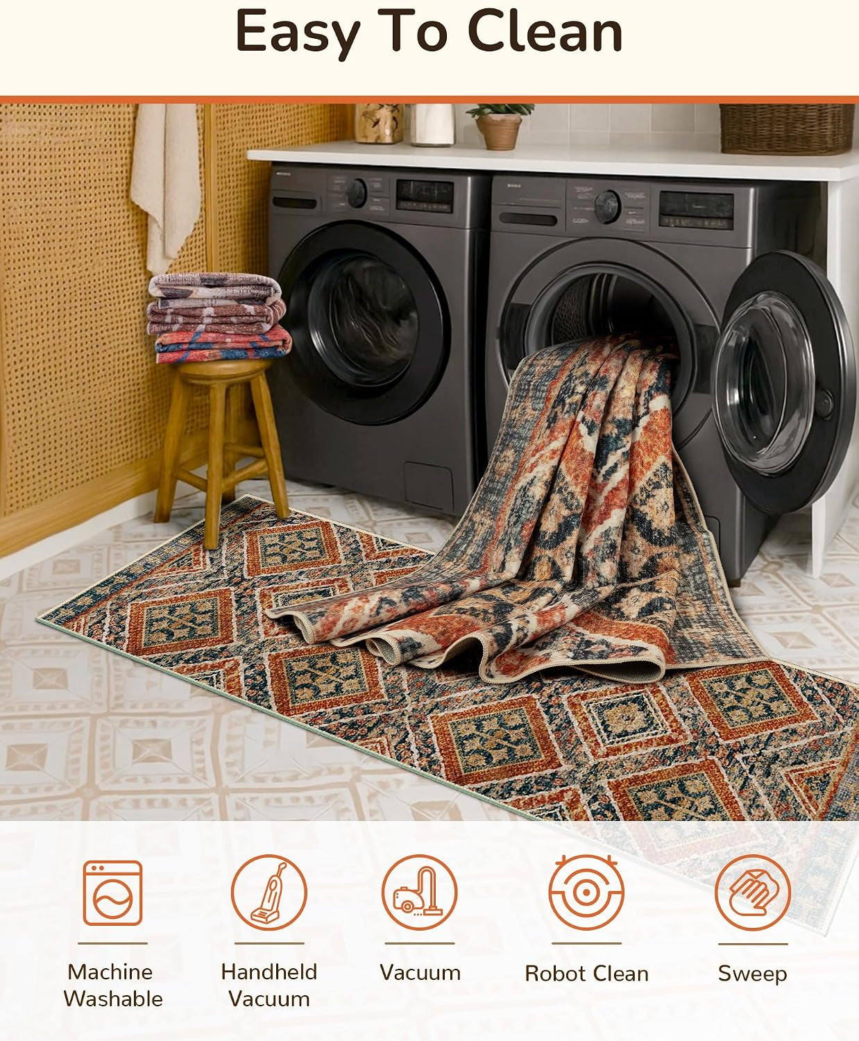 Low Pile Print Pattern Western Area Rug 5X7 Non-Slip - Orange/Brown