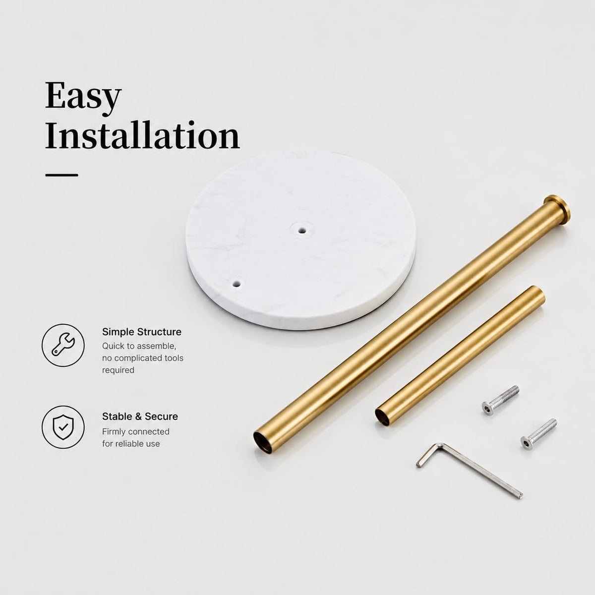 Brushed Gold Paper Towel Holder for Kitchen Countertop, 304 Stainless Steel Roll Dispenser with White Engineered Marble Weighted Base, Freestanding Paper Towel Stand for Standard Rolls