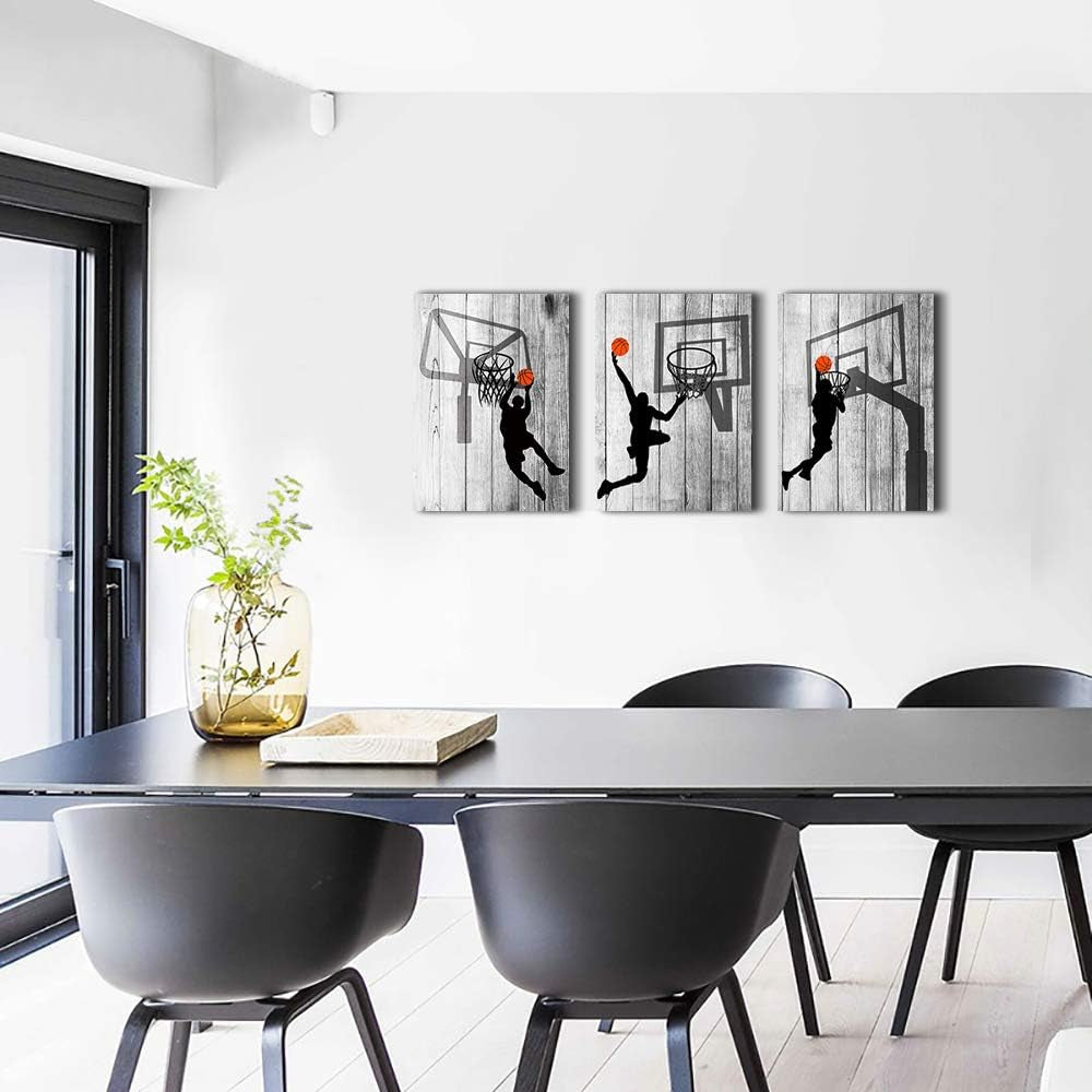 Black and White Canvas Wall Art for Bedroom, Basketball Sport Painting 12" X 16"3 Piece Modern Framed