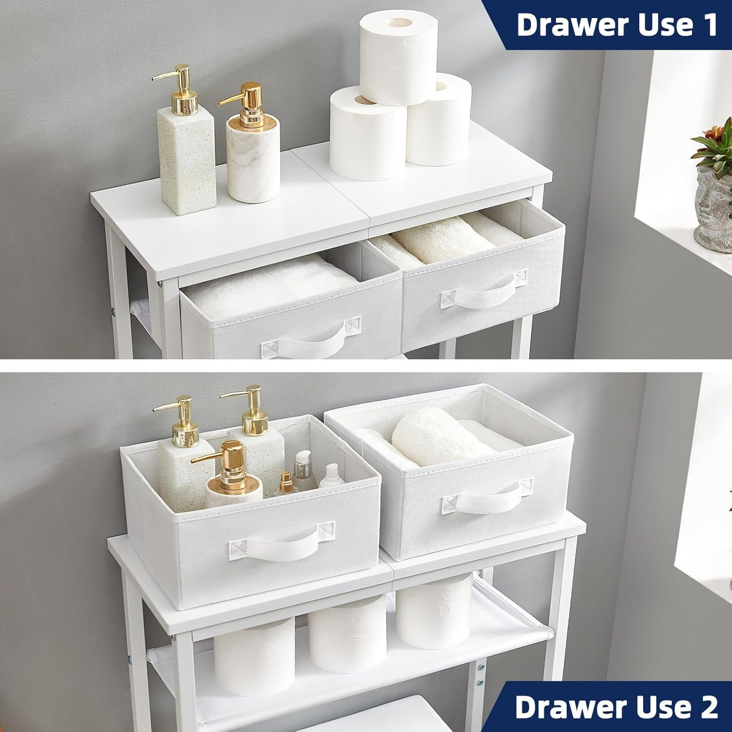 2-Tier over the Toilet Storage with 2 Fabric Drawers, Freestanding above the Toilet Storage Cabinet, Shelf for Small Space, White