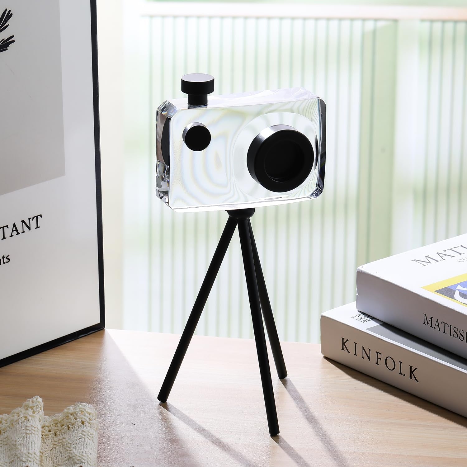 Crystal Camera Model Statues- Small Black with Bracket 3.94X5.12Inch 2.2Lb, Home Desktop Decoration