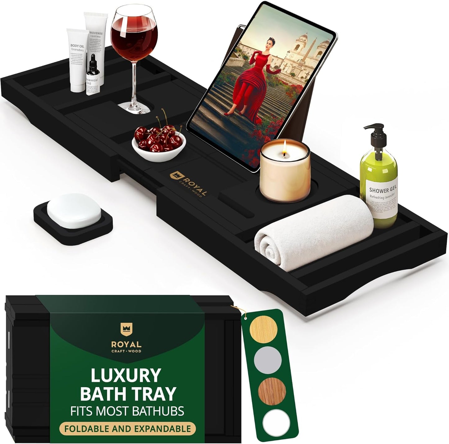 Premium Foldable Bathtub Tray Caddy -Expandable Wood Bath Tray for Tub, Black