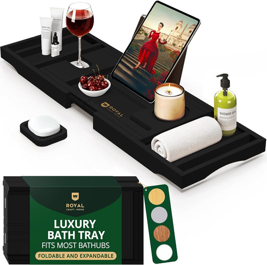 Premium Foldable Bathtub Tray Caddy -Expandable Wood Bath Tray for Tub, Black