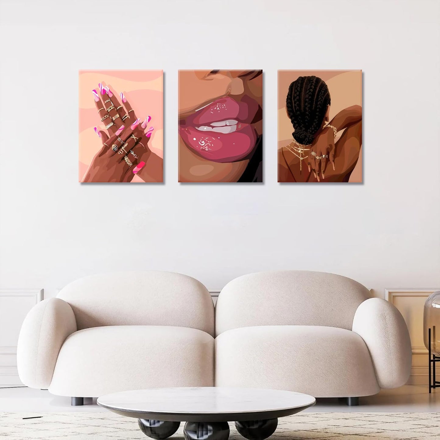 Black Girl Pink Wall Art Set of 3 African American Black Women Canvas Posters Fashion for Bathroom Decoration 12X16 Inch Framed