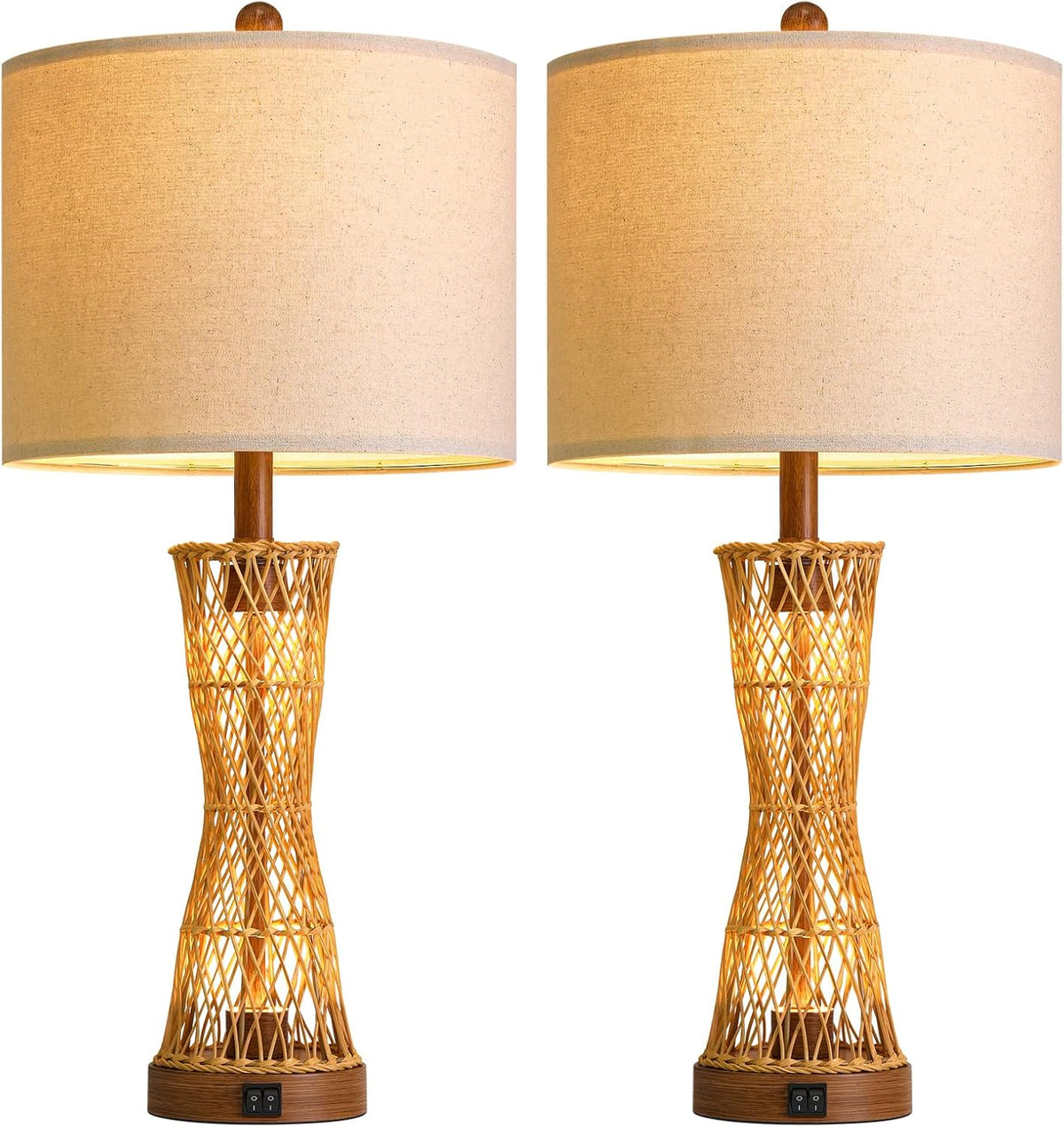 27" Table Lamps Set of 2 with Rattan & Dual Lights, Boho Lamps for Nightstands, Bedside Lamps for Bedroom, Nightstand Lamp for Living Room, Farmhouse Table Lamp for Office & Study