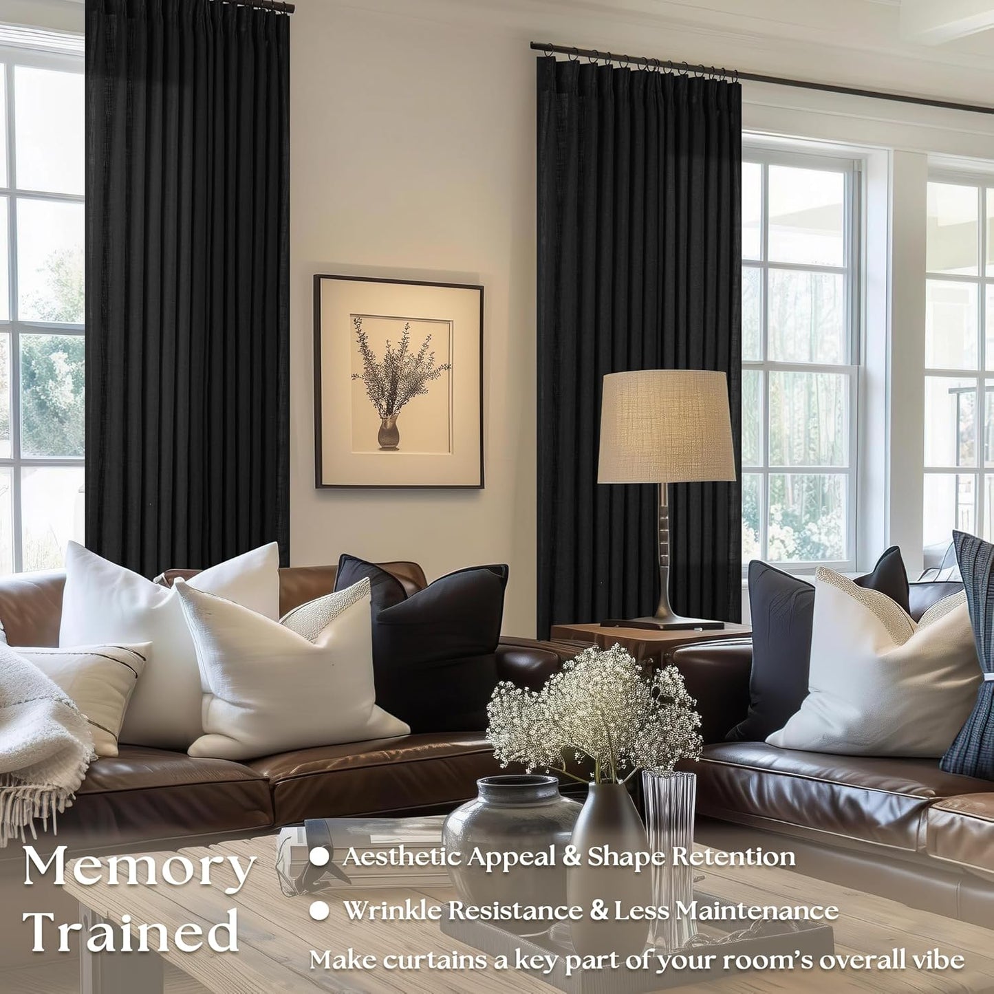 Black Linen Semi Sheer Curtains 90 Inches Long, Light Filtering, Pinch Pleated Curtains 