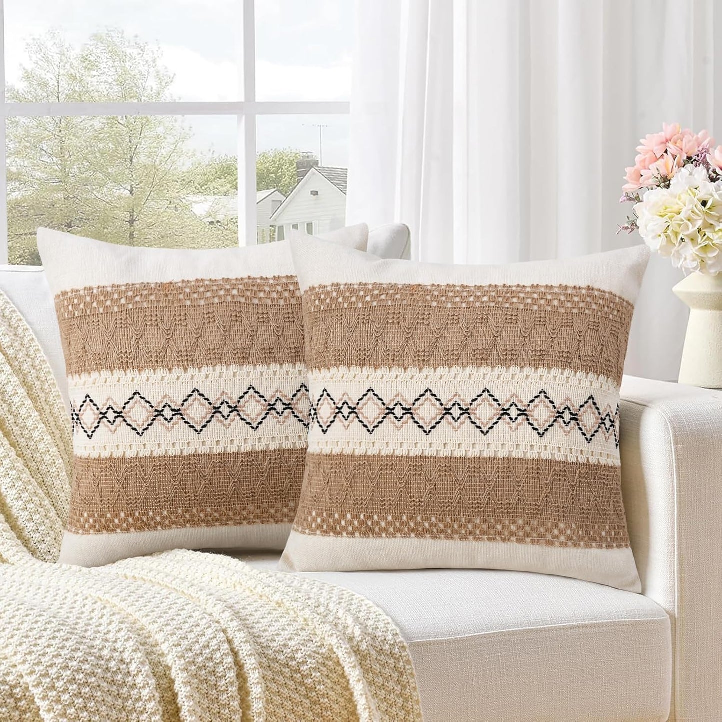 Pack of 2 Boho Throw Pillow Covers 18X18 Inch Farmhouse Decorative, Beige Modern