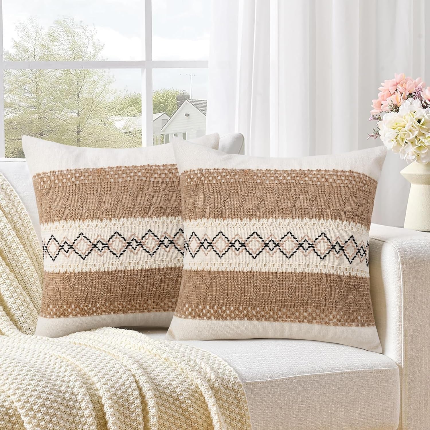 Pack of 2 Boho Throw Pillow Covers 18X18 Inch Farmhouse Decorative, Beige Modern