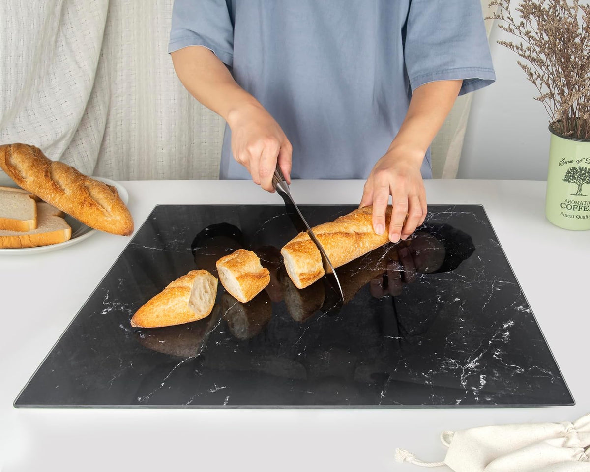 Glass Cutting Board 20”X16”: Tempered Glass Kitchen Counter Protector - Durable- Scratch-Resistant, Heat-Proof - Design 1 - Black Marble Effect