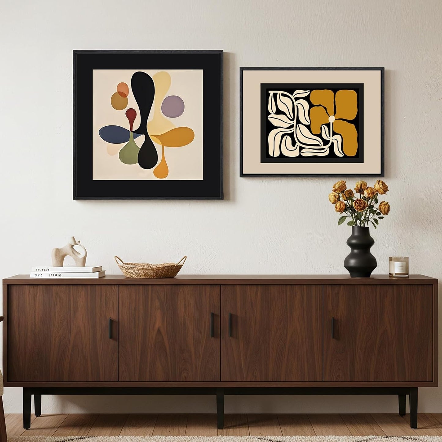 Framed Abstract Neutral Boho Wall Art Set of 2 for Living Room, Mid Century Modern Floral Print Canvas Artwork for Walls, 24X24 & 24X18 Inch