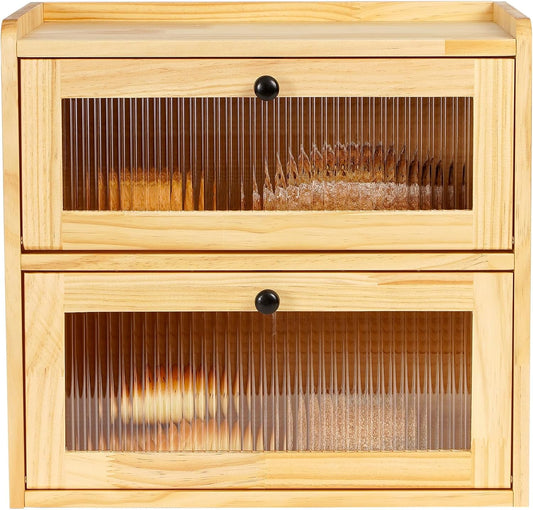 Large 2 Layer Bread Box for Kitchen Countertop, Wooden Bread Storage Container Bin (Wood Color）