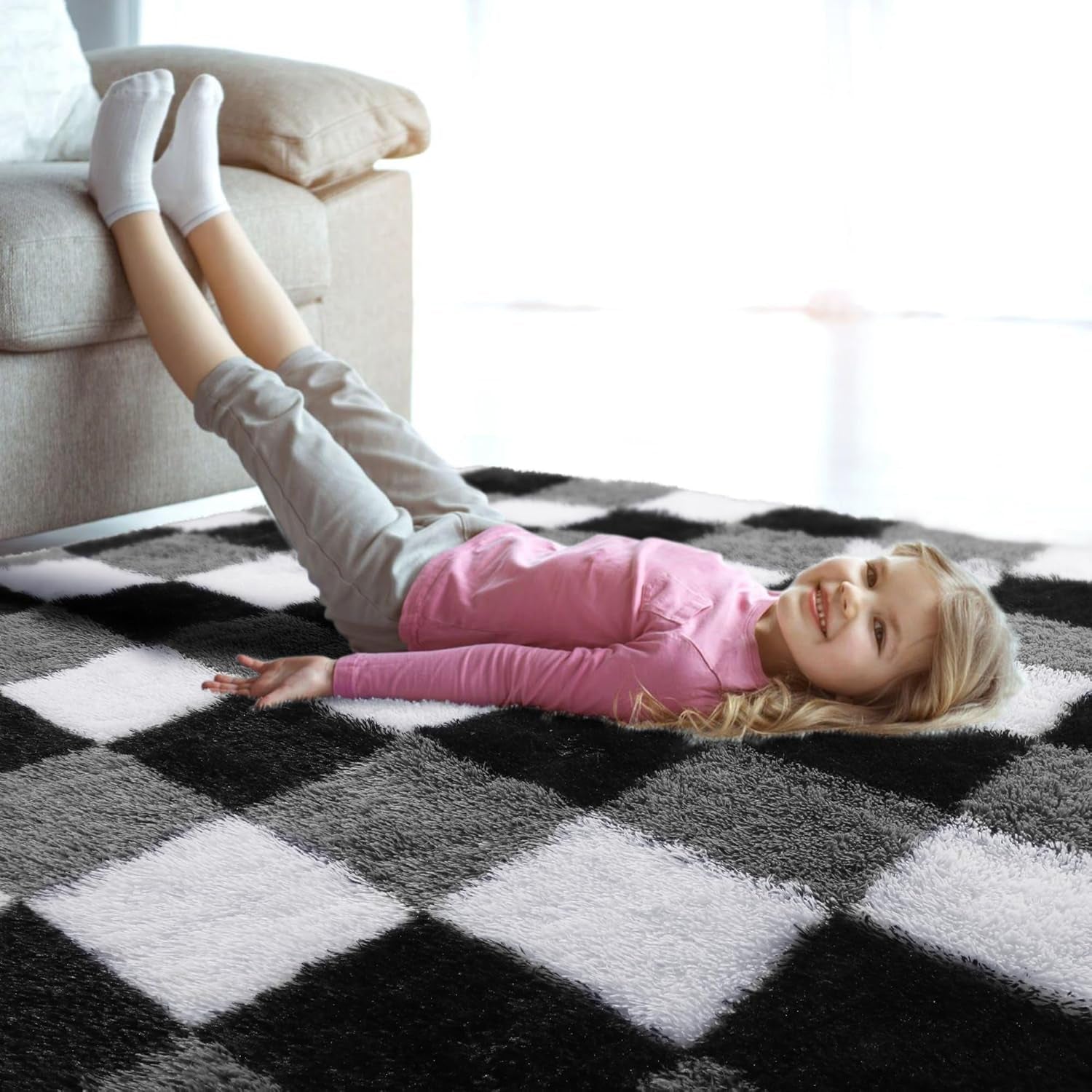 Area Rugs for Bedroom, 4X6 Fluffy Soft Black White Grey Checkered Rug Fuzzy Shag Shaggy Floor Carpet