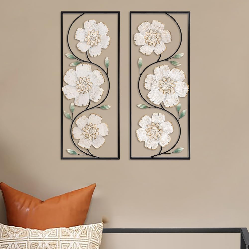 Set of 2 Metal Wall Art, 36" off White and Gold Wall Decor, Magnolia Flowers