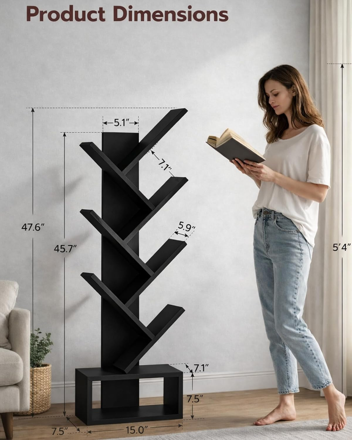 6 Tier Tree Book Shelf - Small Bookshelf Decor, Corner Bookshelf, Living Room Storage, Tall Narrow DVD & CD Shelf Storage Bookshelves, Black