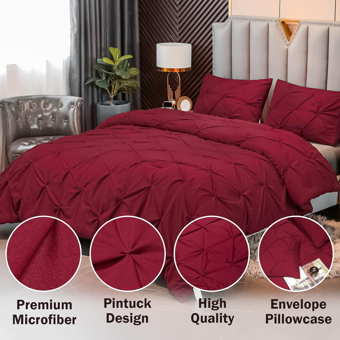 Burgundy Comforter Set King(104X90Inch), 3 Pieces, Soft Lightweight Microfiber Bedding 