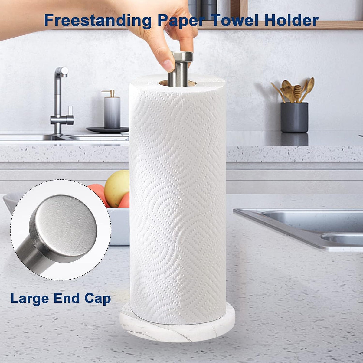 Standing Paper Towel Holder for Kitchen-Standard or Jumbo-Sized Roll Paper (With Marble Base, Brushed Nickel)
