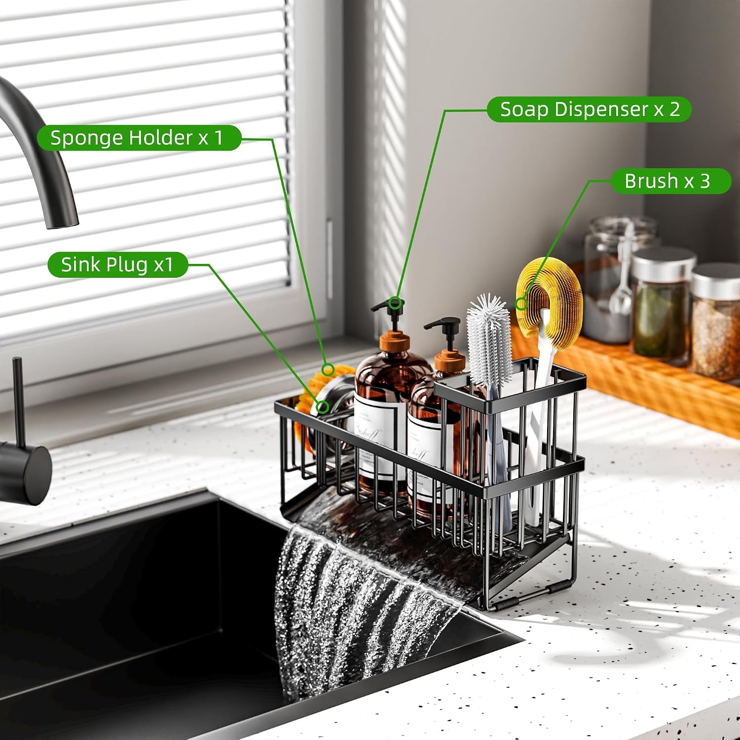 Extra Large Kitchen Sink Caddy Organizer with High Brush Holder, Sponge Holder for Sink