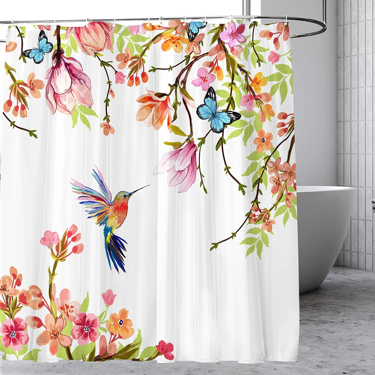 Watercolor Hummingbird Floral Shower Curtain, Spring Pink Peach Blossom Butterfly Bird, Waterproof Polyester Fabric with Hooks, 72 X 72 Inches