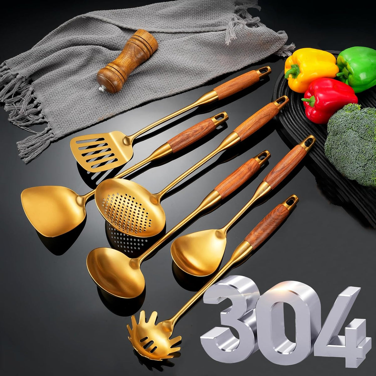 Gold Kitchen Utensils Stainless Steel with Wooden Handle 6 PCS