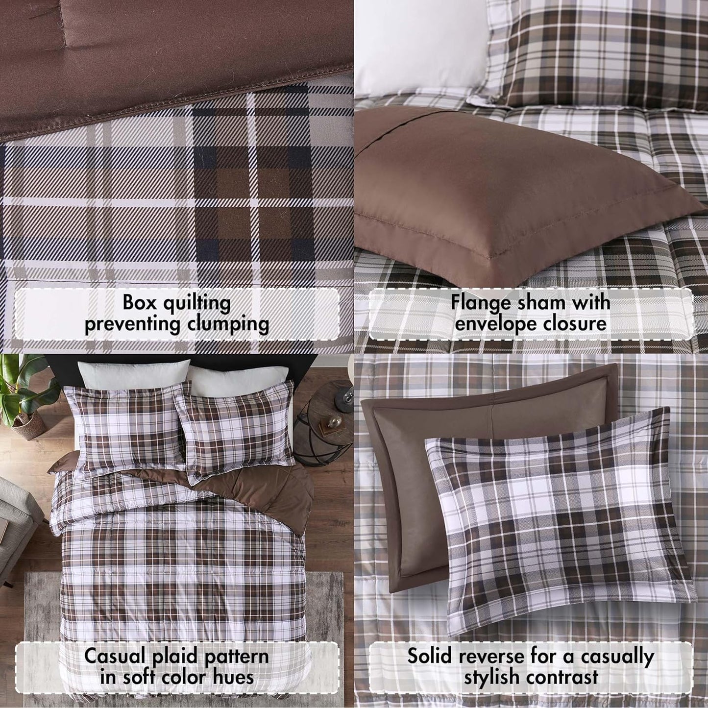 Essentials Parkston Plaid Comforter Set, Full/Queen, Brown, 3 Piece