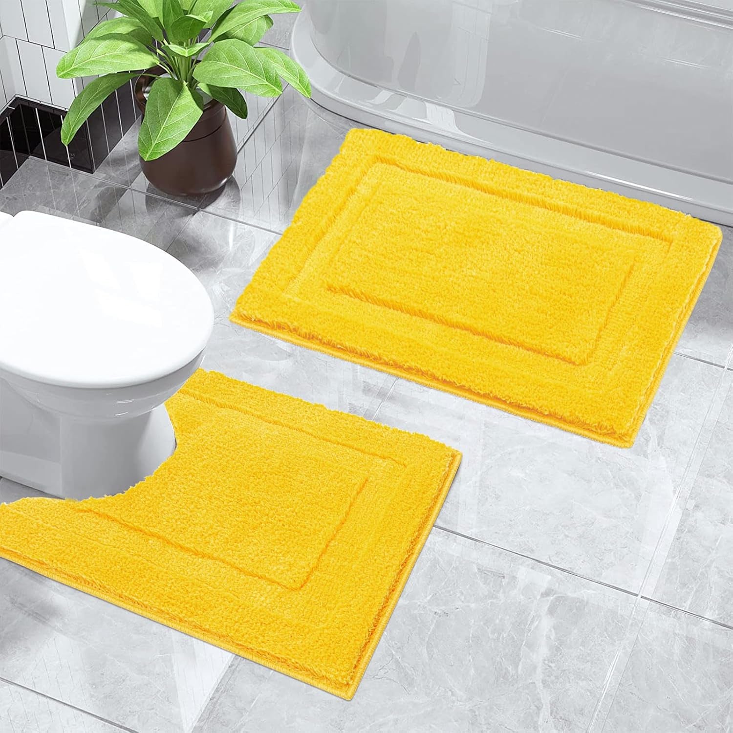 Small Bathroom Toilet Rugs Set of 2 Pieces, Bathmats 16X24 + 20X24 Inch Soft Absorbent Bath Rugs Non-Slip, Yellow