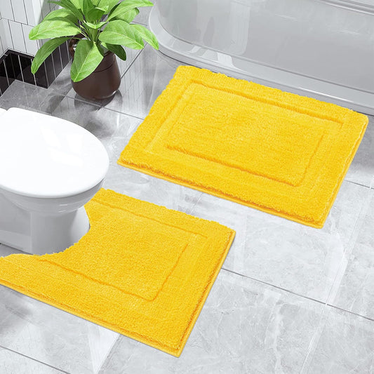 Small Bathroom Toilet Rugs Set of 2 Pieces, Bathmats 16X24 + 20X24 Inch Soft Absorbent Bath Rugs Non-Slip, Yellow