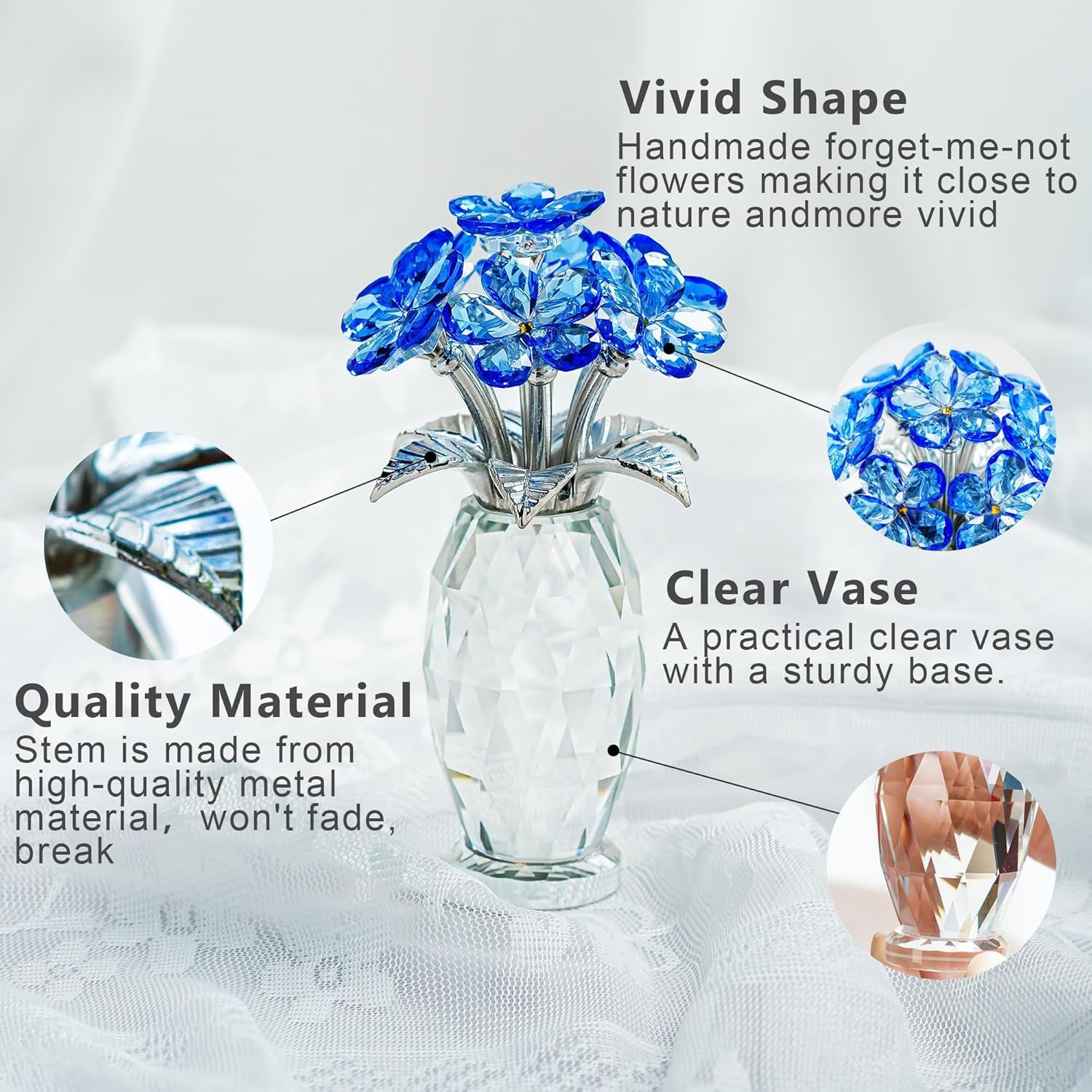 Blue Crystal Forget Me Not Flower Figurine, Crystal Glass Flower Ornament for Home Decor Table Centerpiece
