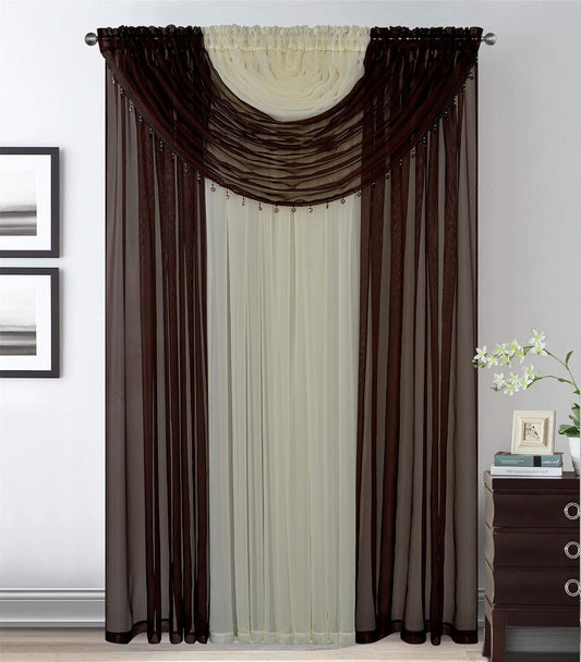 4 Panels with 2 Attached Valances All-In-One Brown Beige/Off White Sheer Rod Pocket Curtain Panel 84 Inches Long with Crystal Beads