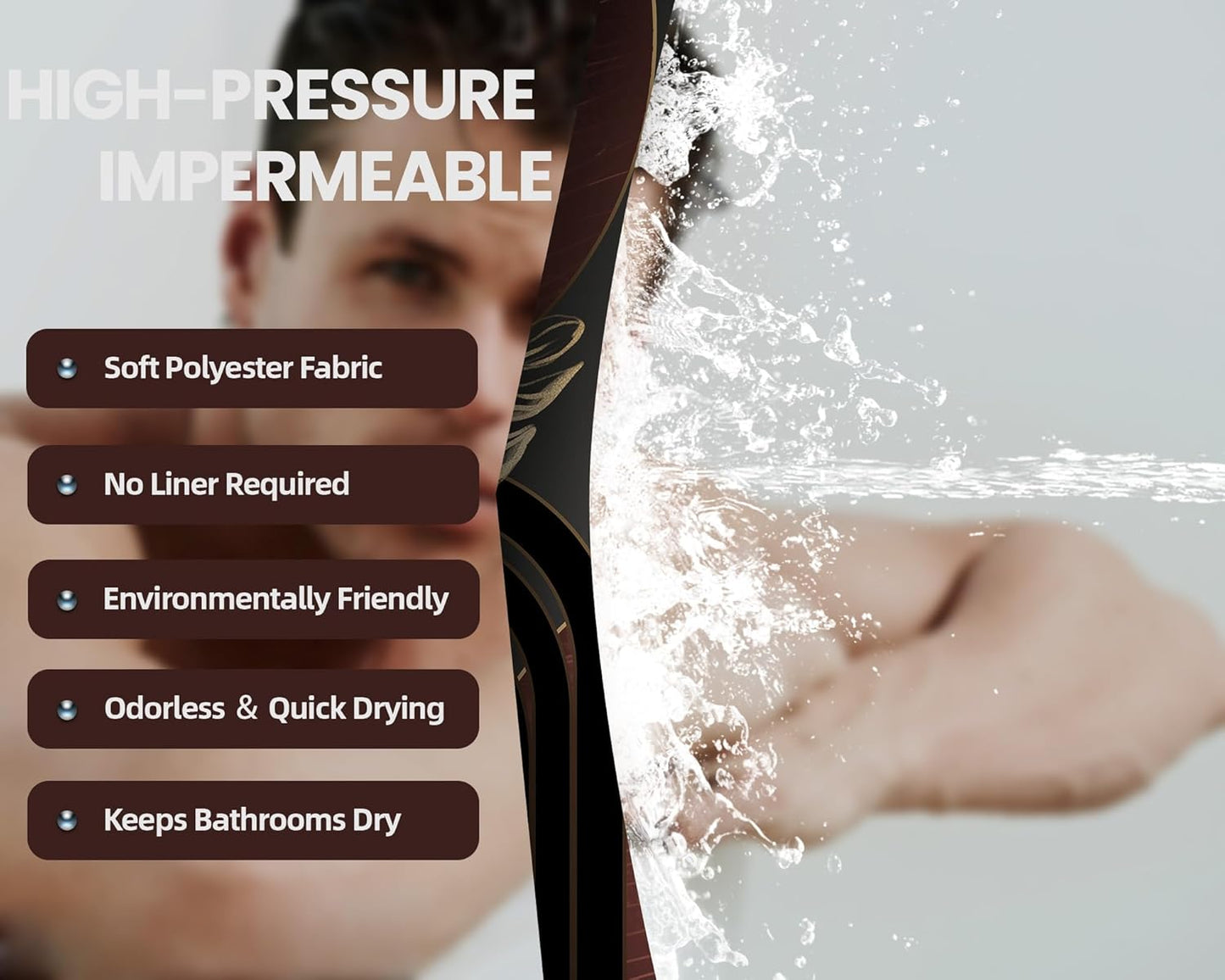 Dark Brown and Black Shower Curtain Boho Mid Century Gold and Brown Shower Curtains for Bathroom Decor, Waterproof Cloth Fabric with Hooks, 70" W X 72" L