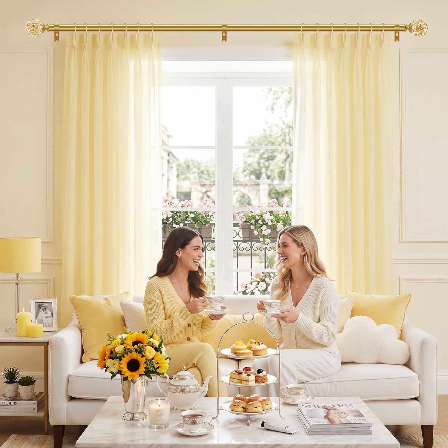 Gold Decorative Crystal Curtain Rods,1" Heavy Duty Adjustable 66-120"