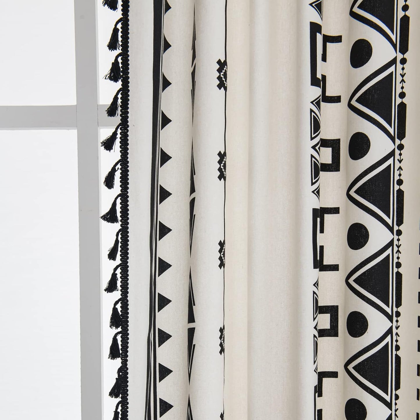 Black and White Boho Curtain 84 Inches Length for Bedroom, Printed Cotton Linen Geometric Rod Pocket Chic Semi Blackout Bohemian Tassels Window Treatment, 1 Panel 59" W X 84" L