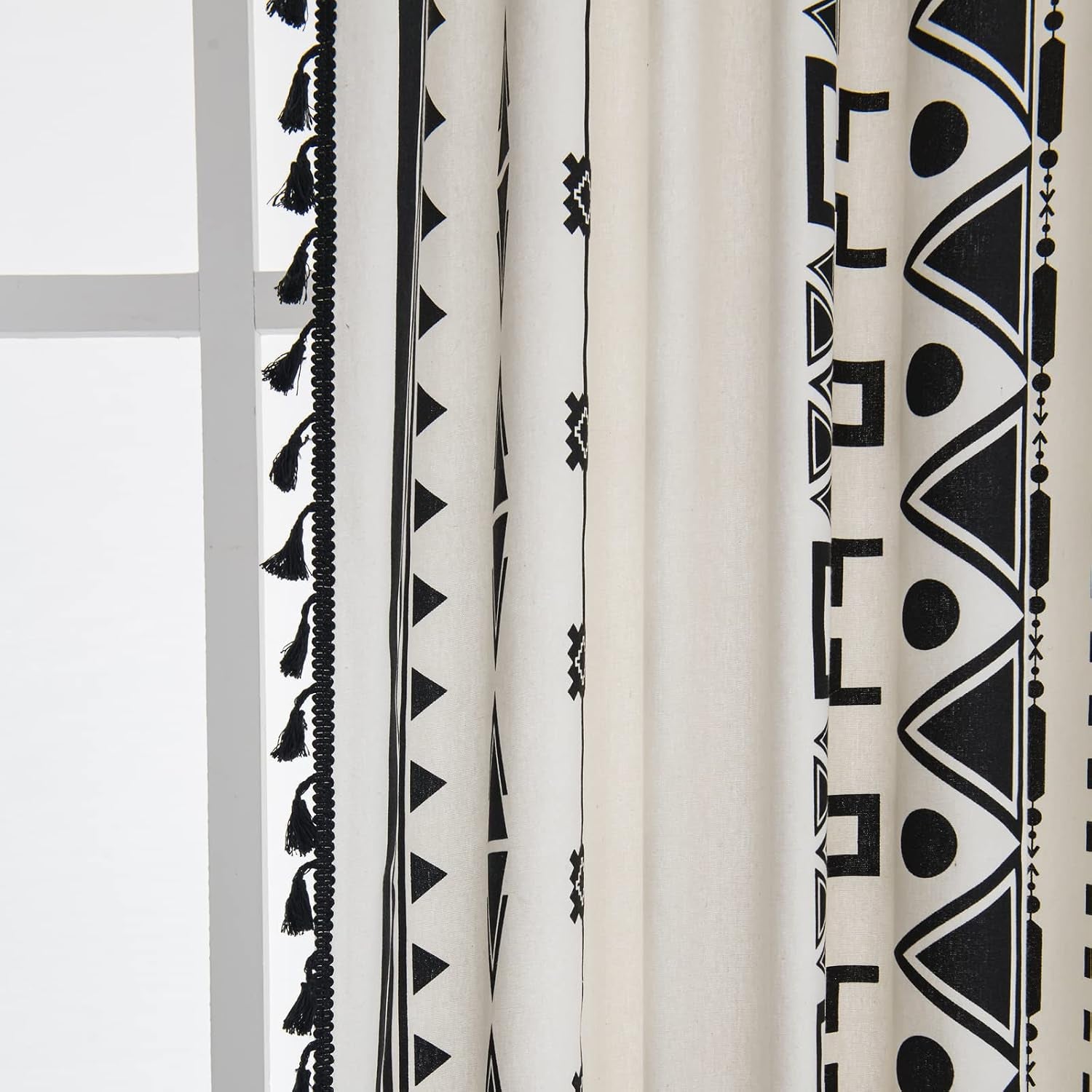 Black and White Boho Curtain 84 Inches Length for Bedroom, Printed Cotton Linen Geometric Rod Pocket Chic Semi Blackout Bohemian Tassels Window Treatment, 1 Panel 59" W X 84" L