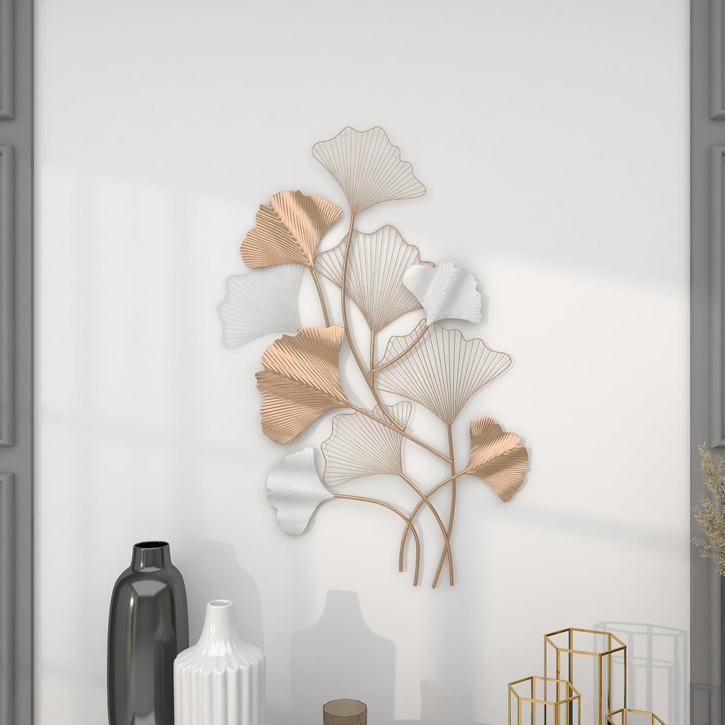 Metal Leaf Home Wall Decor Wall Sculpture with White Accents, Wall Art 25" X 2" X 40", Gold