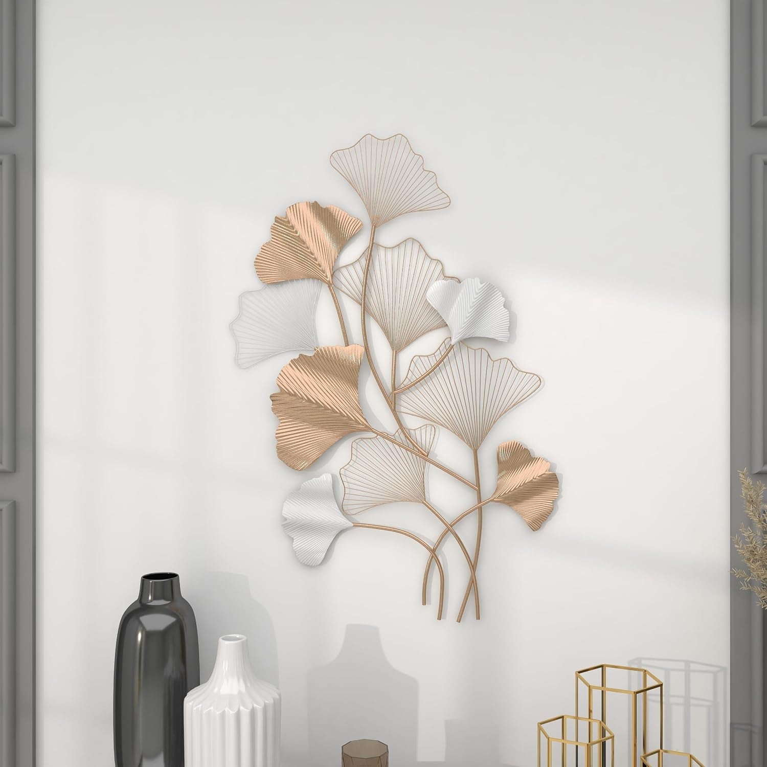 Metal Leaf Home Wall Decor Wall Sculpture with White Accents, Wall Art 25" X 2" X 40", Gold