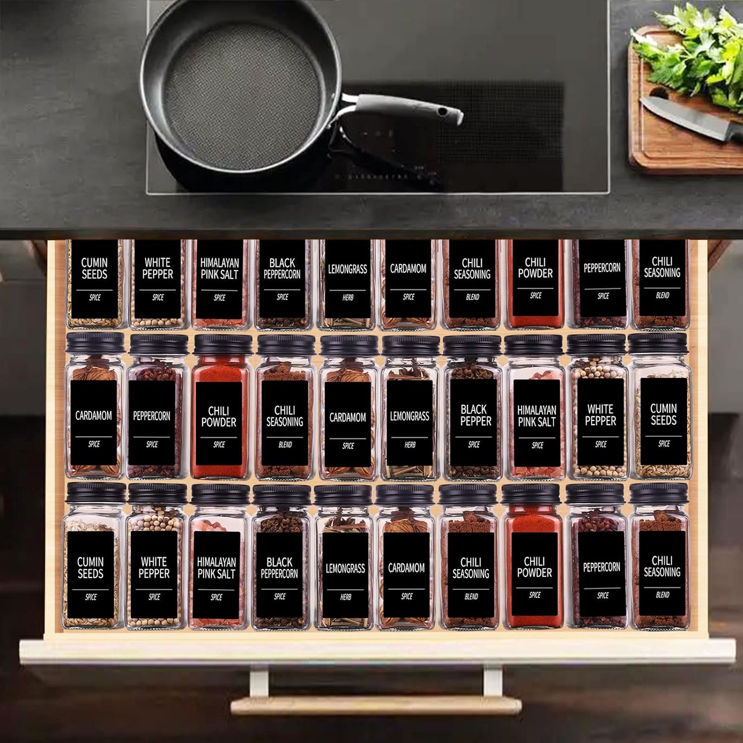 36 Pack Square Glass Spice Jars with Labels, 4Oz with Black Caps, Shaker Lids, 547 Labels, Funnel & Chalk Pen