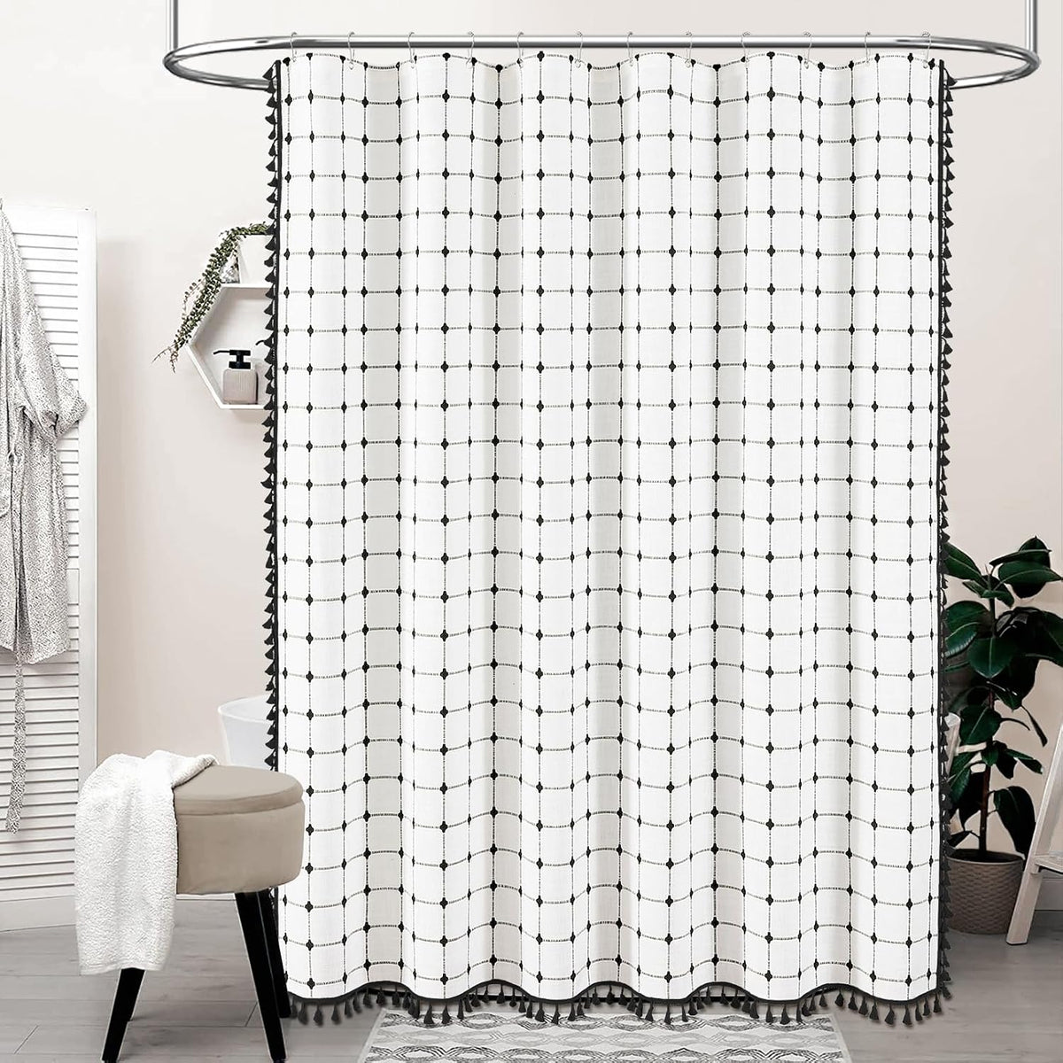 White and Black Long Boho Farmhouse Linen Cloth Shower Curtain, 72X84