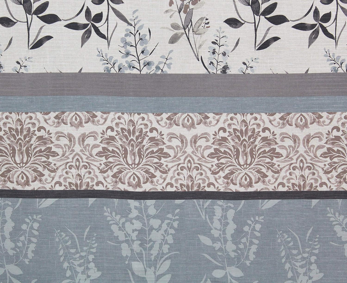 Farmhouse Floral Bordered Damask Shower Curtain - Light Blue, Beige, and Grey (72 X 70 Inches)