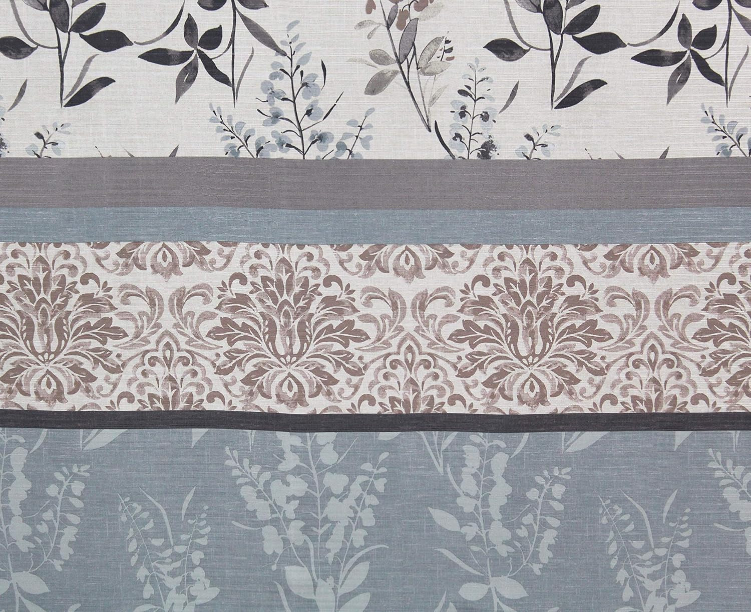 Farmhouse Floral Bordered Damask Shower Curtain - Light Blue, Beige, and Grey (72 X 70 Inches)