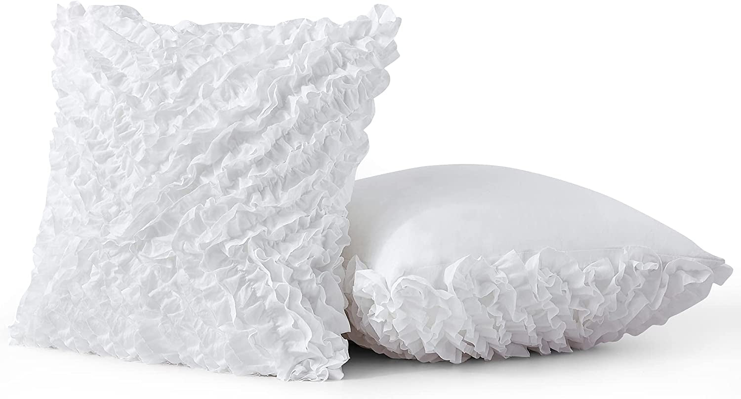 Throw Pillow Covers (Set of 2) Ruffles Pillowcase, 20 X 20 Inch, White