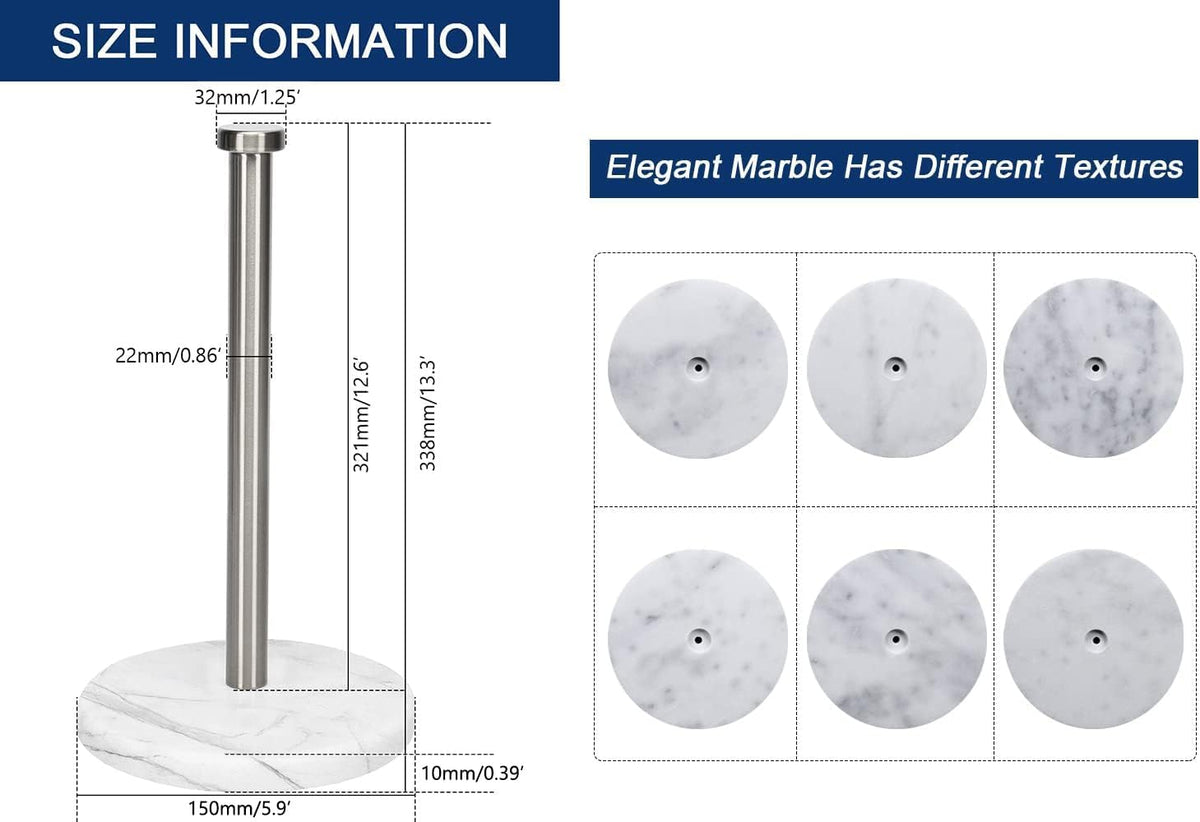 Standing Paper Towel Holder for Kitchen-Standard or Jumbo-Sized Roll Paper (With Marble Base, Brushed Nickel)