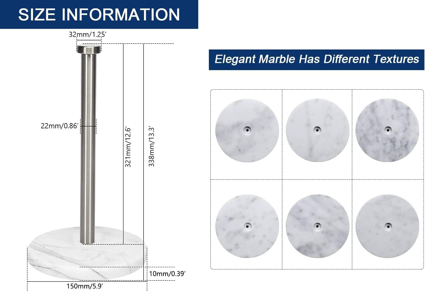 Standing Paper Towel Holder for Kitchen-Standard or Jumbo-Sized Roll Paper (With Marble Base, Brushed Nickel)